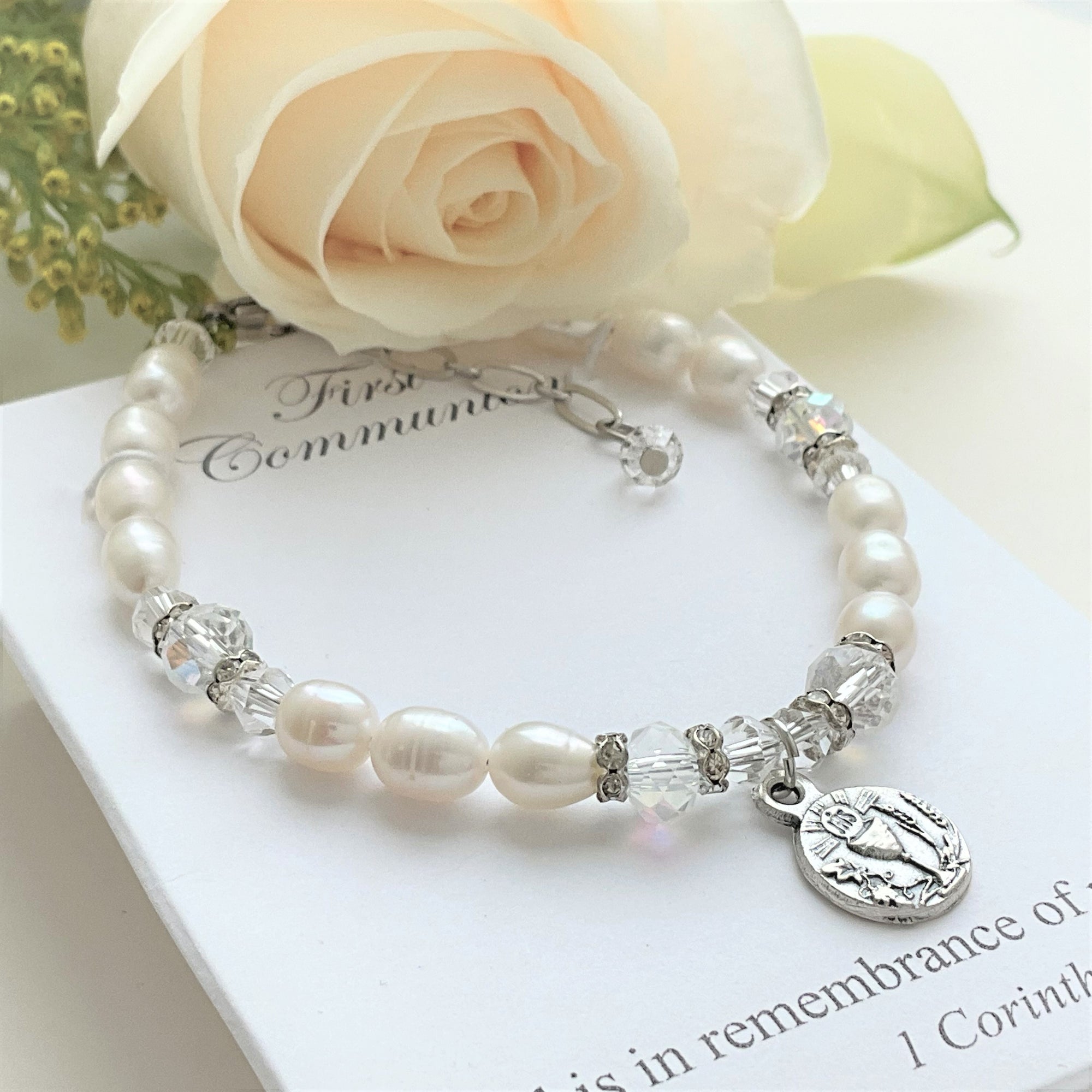 Freshwater Pearl and Swarovski Crystal First Communion Bracelet | First Communion Medal | 6"
