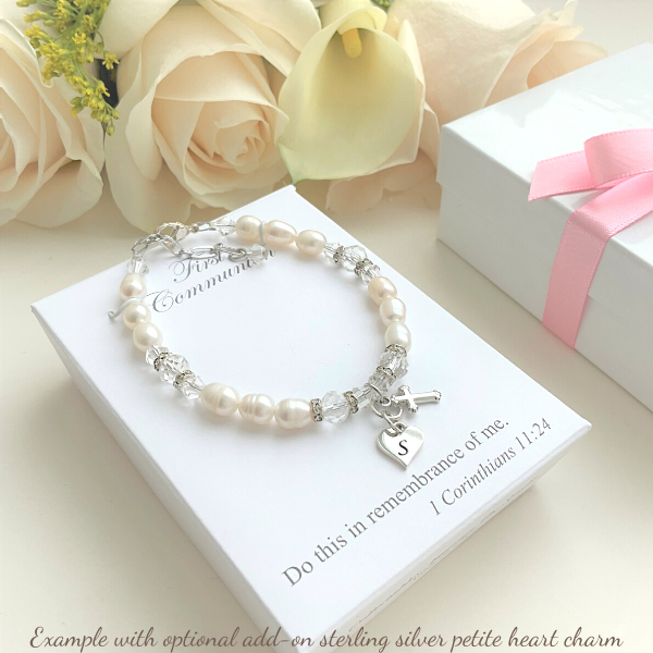 Freshwater Pearl and Swarovski Crystal Children's First Communion Bracelet with Cross Charm | 6"