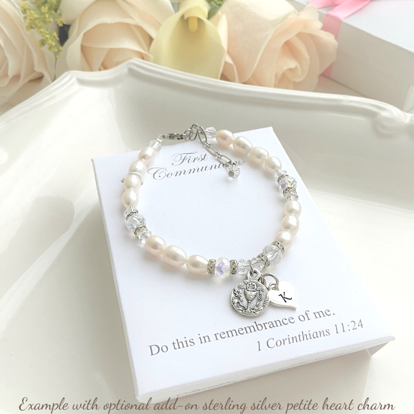 Freshwater Pearl and Swarovski Crystal First Communion Bracelet | First Communion Medal | 6"