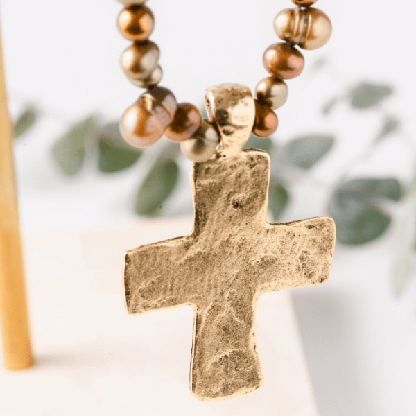 Freshwater Pearl and Gold Finished Fine Pewter Cross Necklace