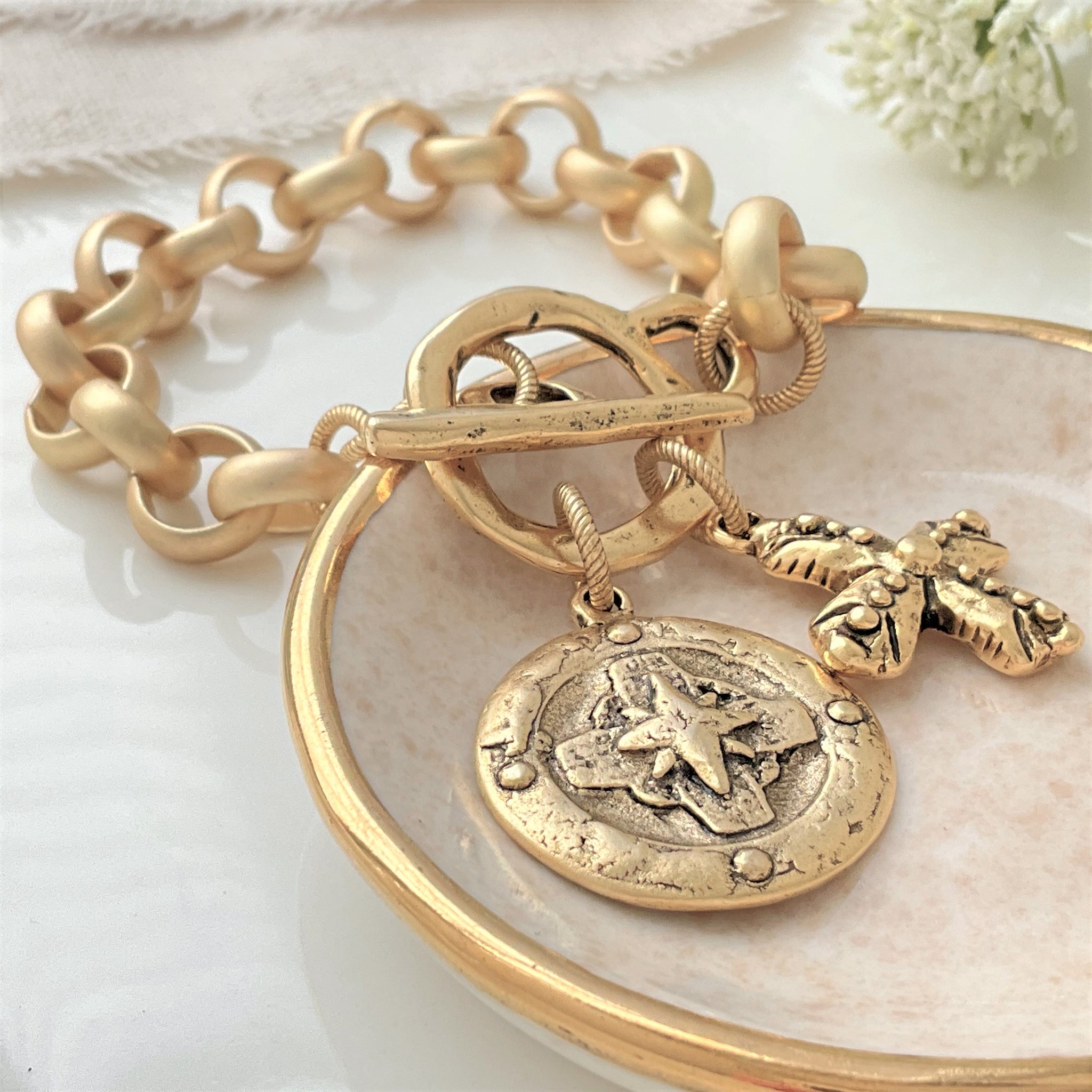 Satin Gold Brass Chunky Link Bracelet  Compass Rose Cross Charm - Clothed  with Truth