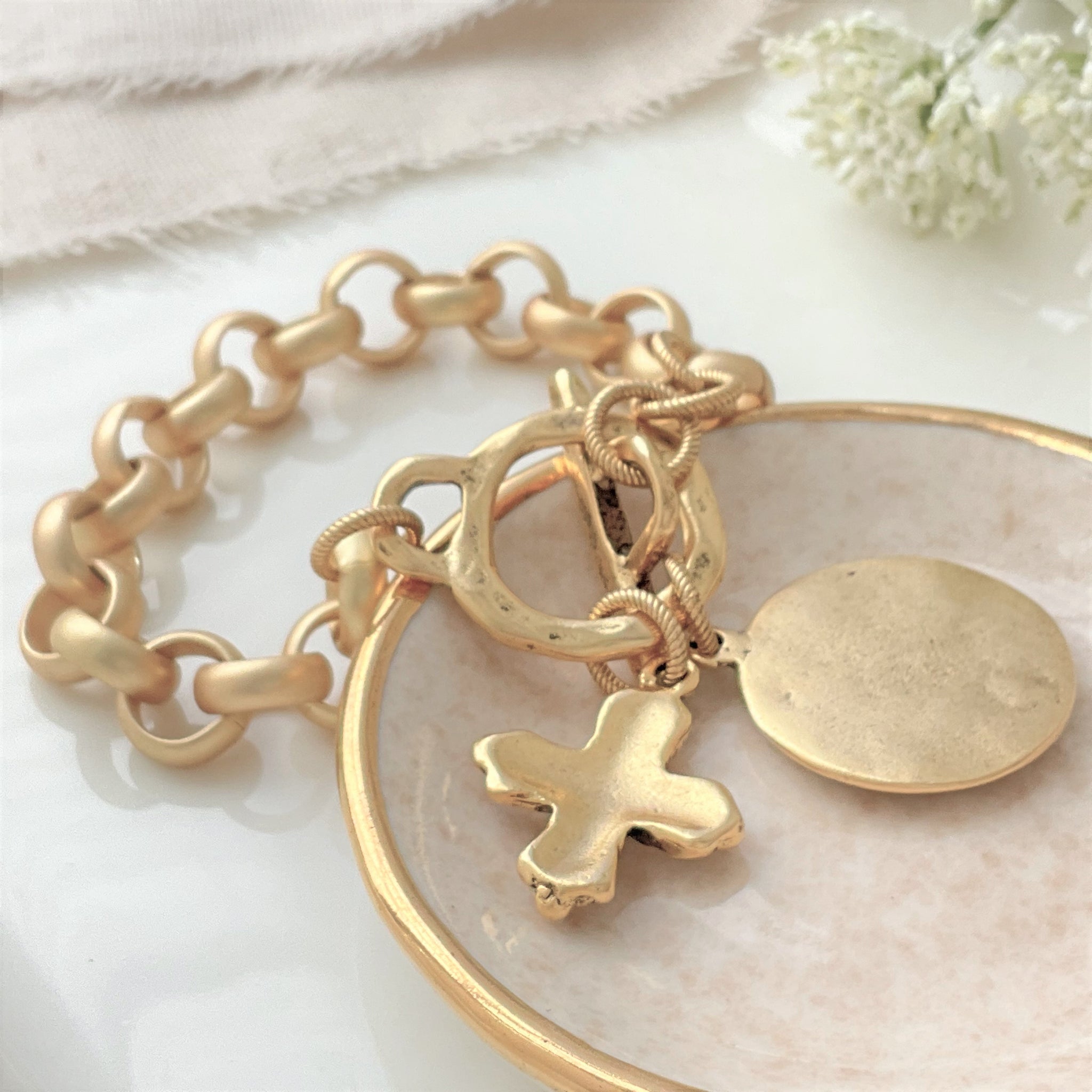 Satin Gold Brass Chunky Link Bracelet  Compass Rose Cross Charm - Clothed  with Truth
