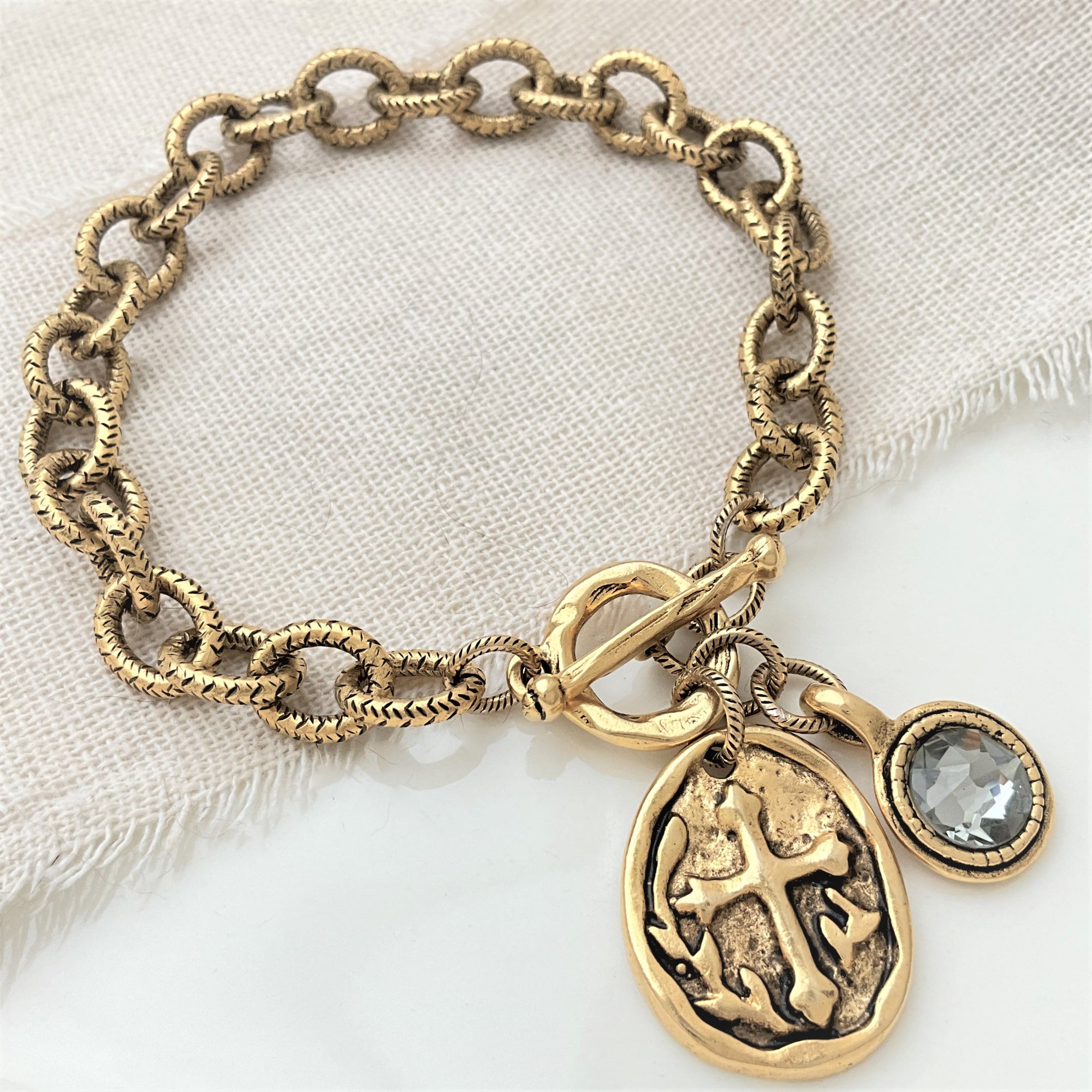 Antiqued Gold Link Bracelet | Old-World Oval Cross & Swarovski Charm