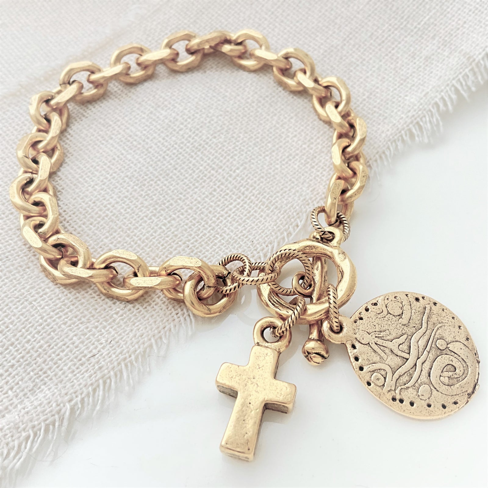 Vintage Gold Cross Charm Bracelet | Ancient Coin