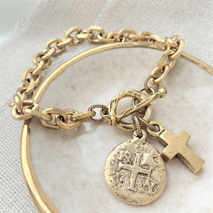 Vintage Gold Cross Charm Bracelet | Ancient Coin