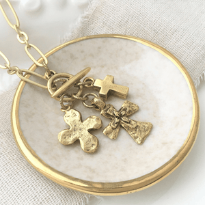 Triple Cross Charm Necklace | Gold Finished Fine Pewter