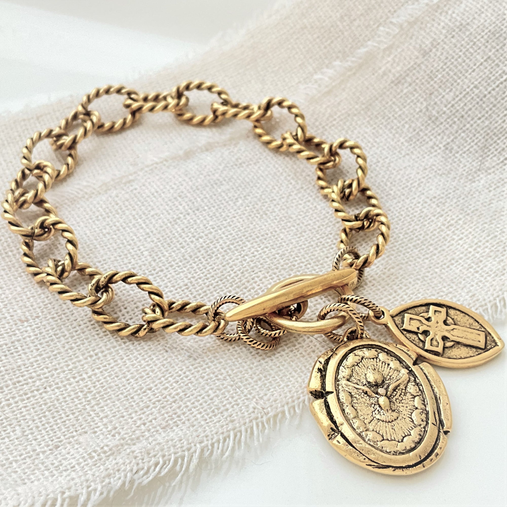 Vintage Gold Wax Seal Charm Bracelet | Holy Spirit Dove