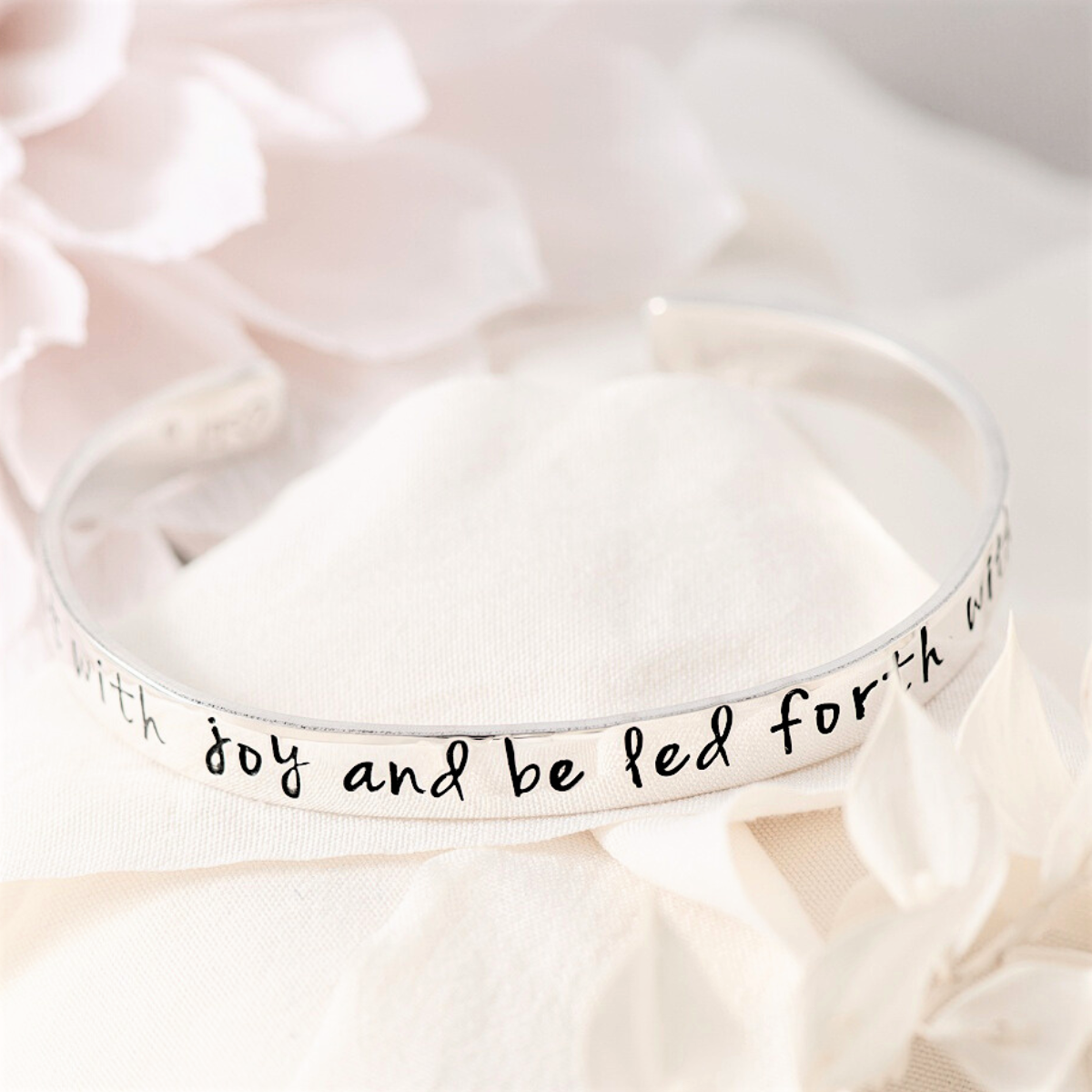 Isaiah 55:12 Engraved Scripture Verse Cuff Bracelet | Go Out With Joy | Sterling Silver or 14k Gold