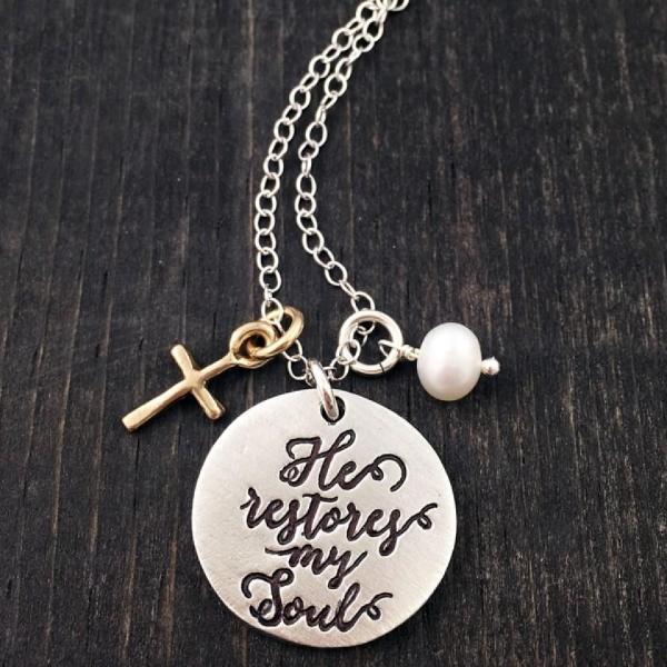 The Vintage Pearl Hand-Stamped Fine Pewter Necklace | He Restores My Soul