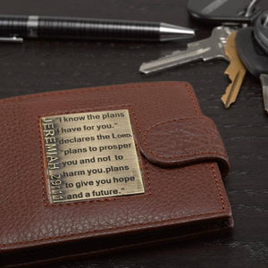 Brown Genuine Leather Wallet with Brass Scripture Verse Inlay - Jeremiah 29:11