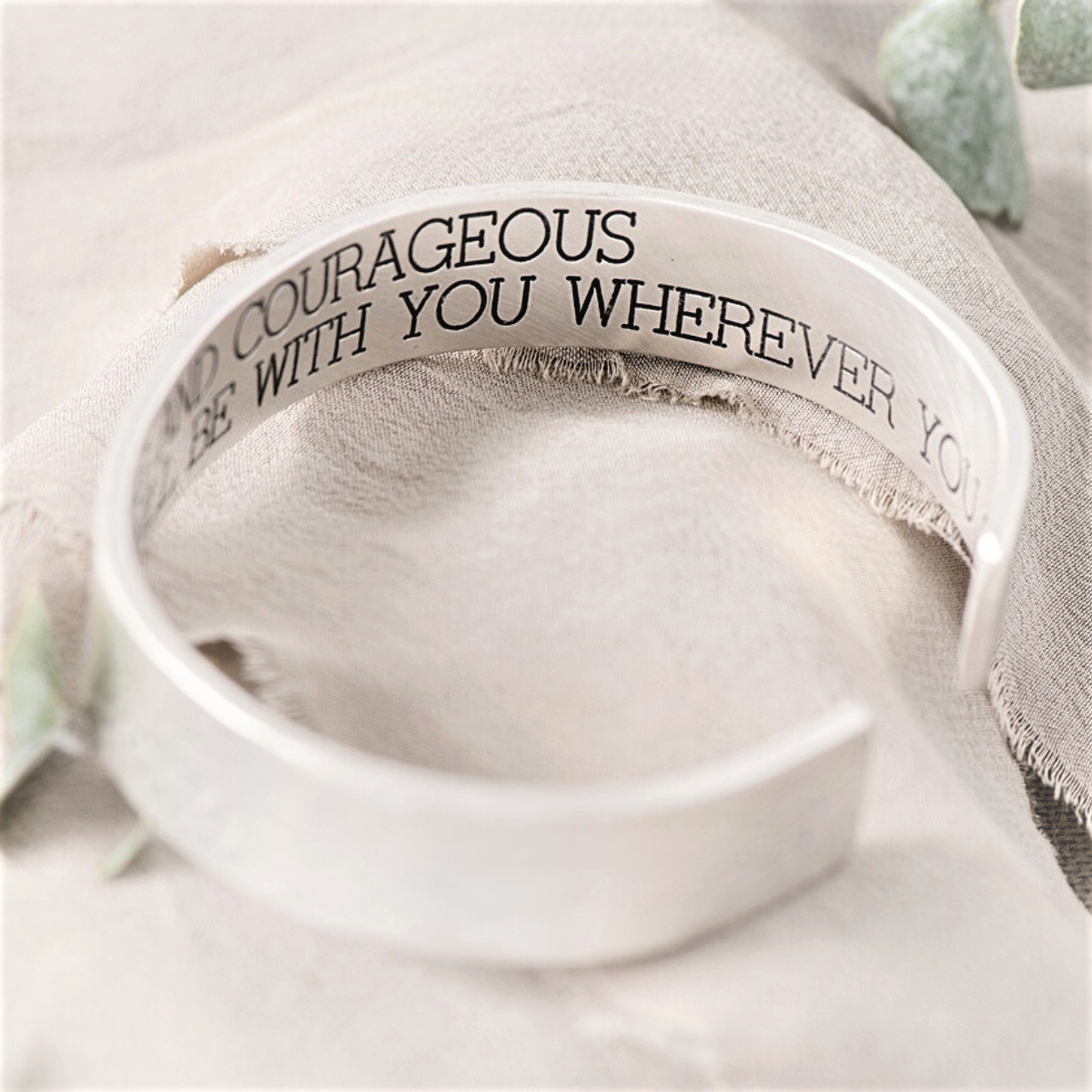 Men's Sterling Silver Engraved Heavy Cuff Bracelet | Strong & Courageous | Joshua 1:9