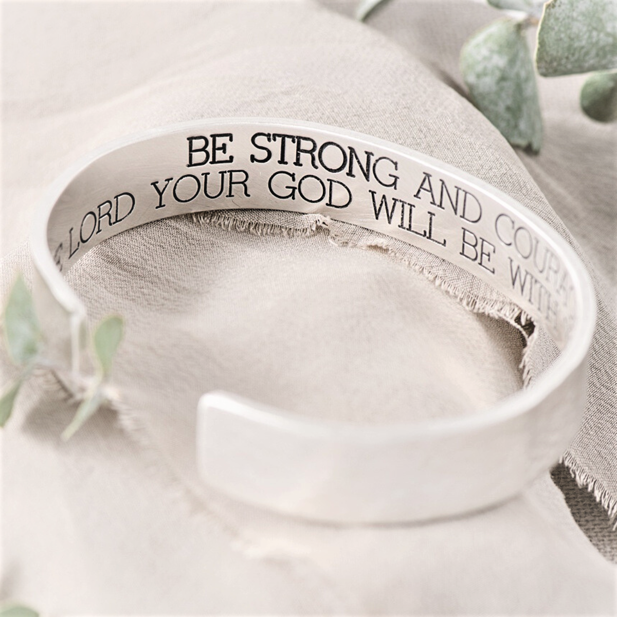 Men's Sterling Silver Engraved Heavy Cuff Bracelet | Strong & Courageous | Joshua 1:9