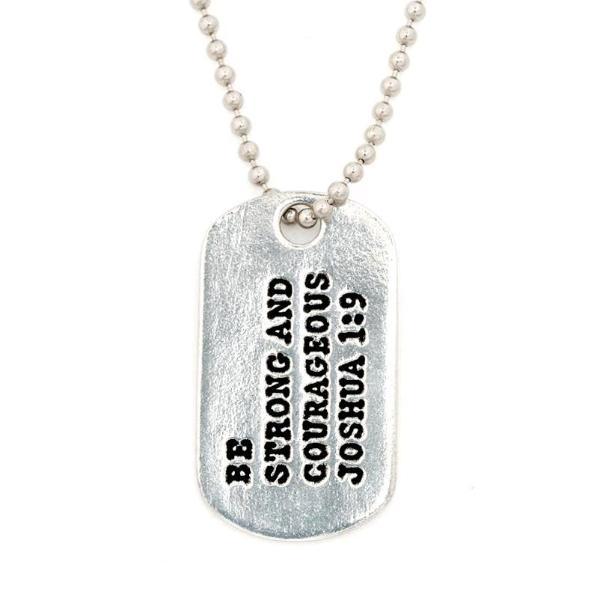 Fine Pewter Strong and Courageous Dog Tag Necklace | Joshua 1:9