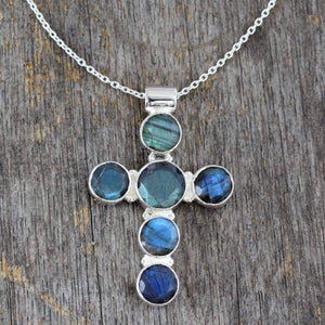 Handcrafted Labradorite and Sterling Silver Cross Necklace