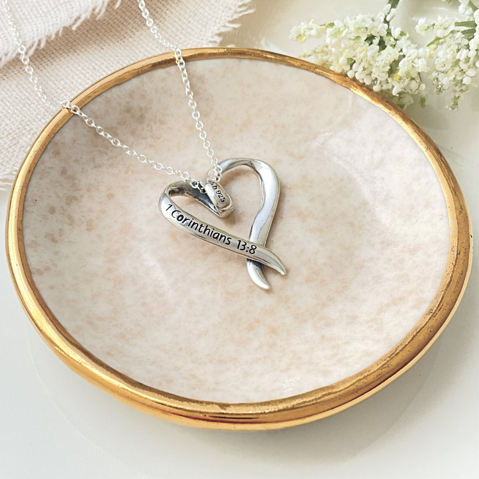 Love Never Fails Sterling Silver Heart Pendant Necklace | 1 Corinthians 13