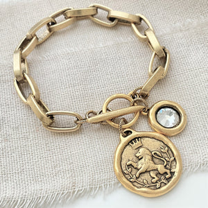 Lion of Judah Antiqued Gold Oval Link Bracelet