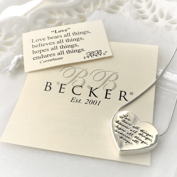 Love Bears All Things Sterling Silver Heart Pendant Necklace | BB Becker | 1 Corinthians 13:7