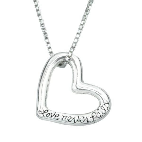 Sterling Silver Love Never Fails Open Heart Necklace 1 Corinthians 1 Clothed with Truth