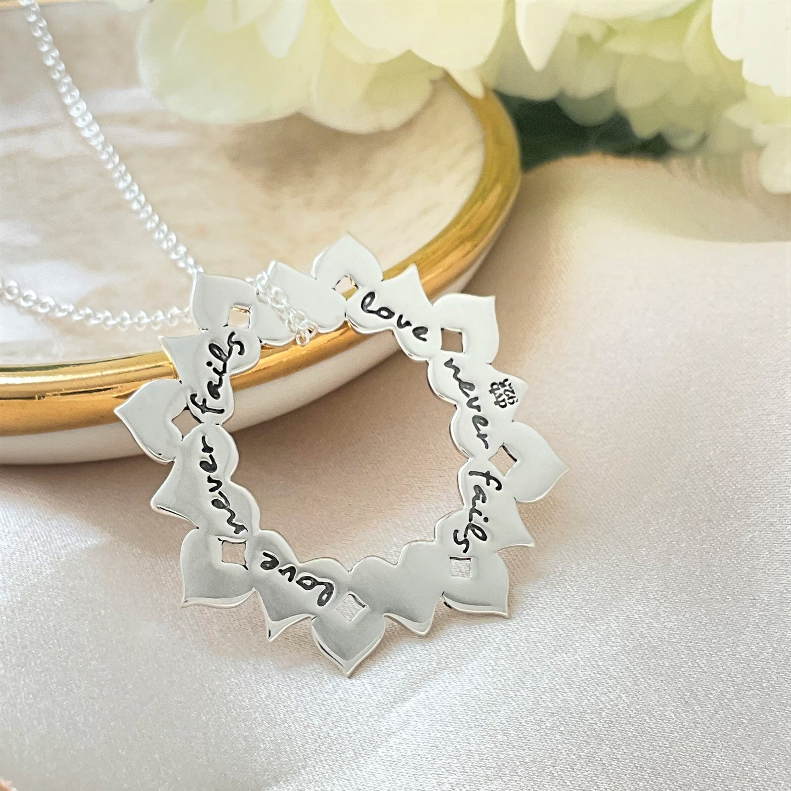 Love Never Fails Sterling Silver Heart Wreath Necklace | 1 Corinthians 13:8