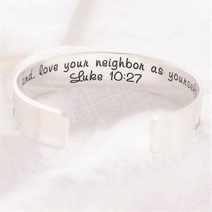 Love the Lord Your God Engraved Cuff Bracelet | Luke 10:27 | Sterling Silver or 14k Gold