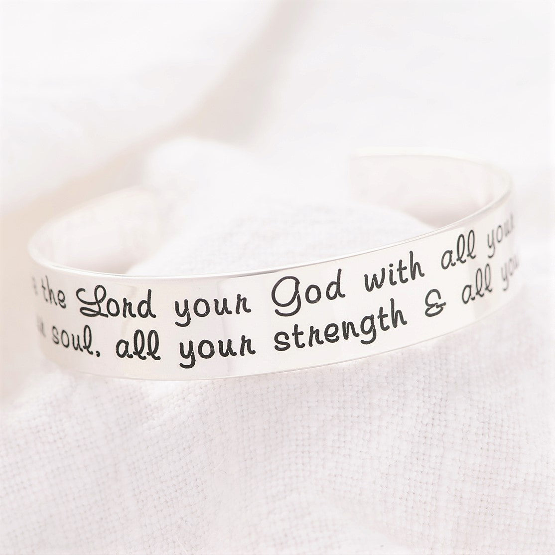 Love the Lord Your God Engraved Cuff Bracelet | Luke 10:27 | Sterling Silver or 14k Gold