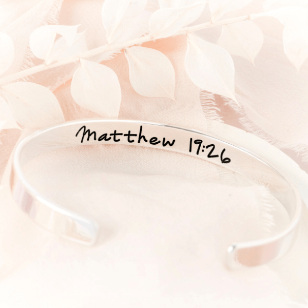 With God All Things Are Possible Sterling Silver Engraved Scripture Verse Cuff Bracelet | Matthew 19:26
