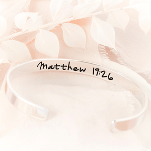 With God All Things Are Possible Sterling Silver Engraved Scripture Verse Cuff Bracelet | Matthew 19:26