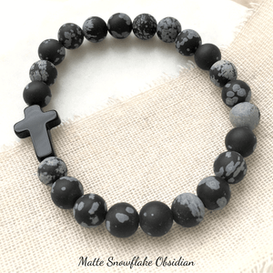 Matte Snowflake Obsidian Bracelet with Onyx Cross