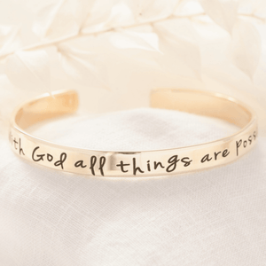 With God All Things Are Possible 14k Gold Engraved Cuff Bracelet | Matthew 19:26