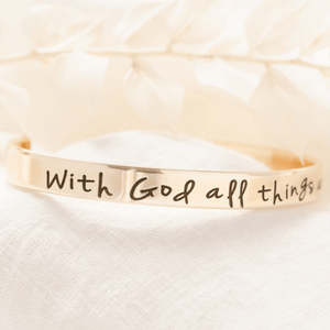 With God All Things Are Possible 14k Gold Engraved Cuff Bracelet | Matthew 19:26