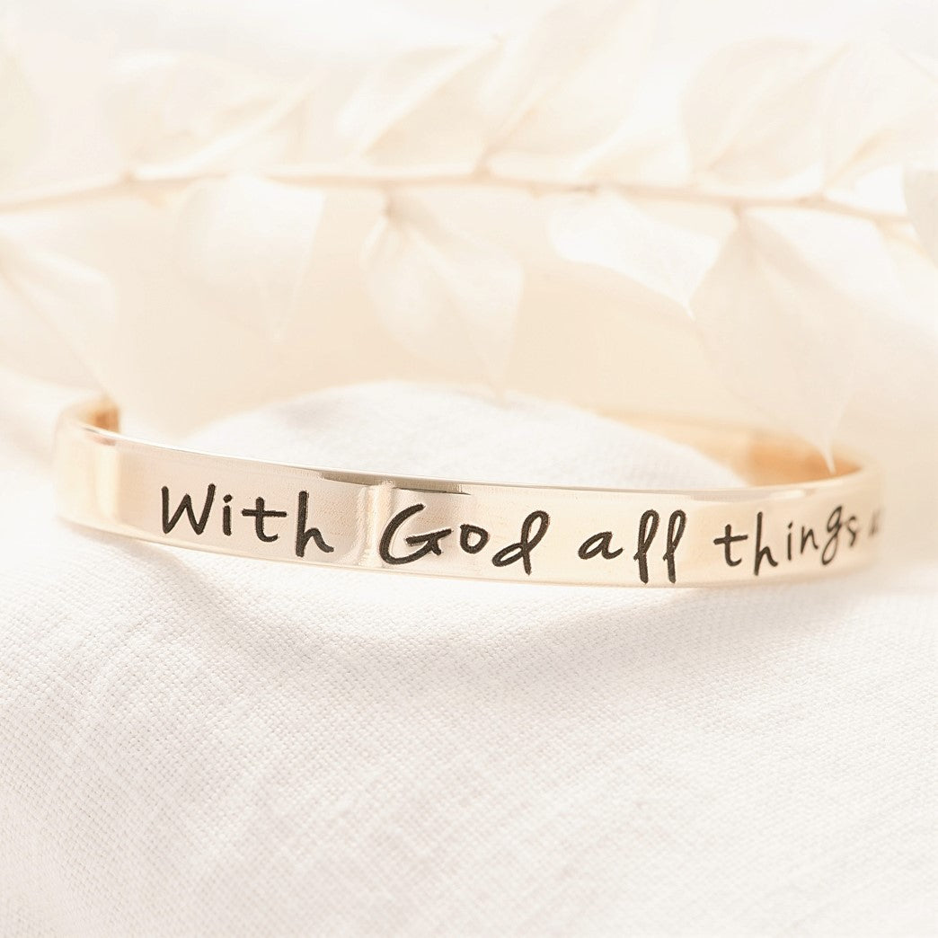 With God All Things Are Possible Gold Brass Engraved Cuff Bracelet | Matthew 19:26