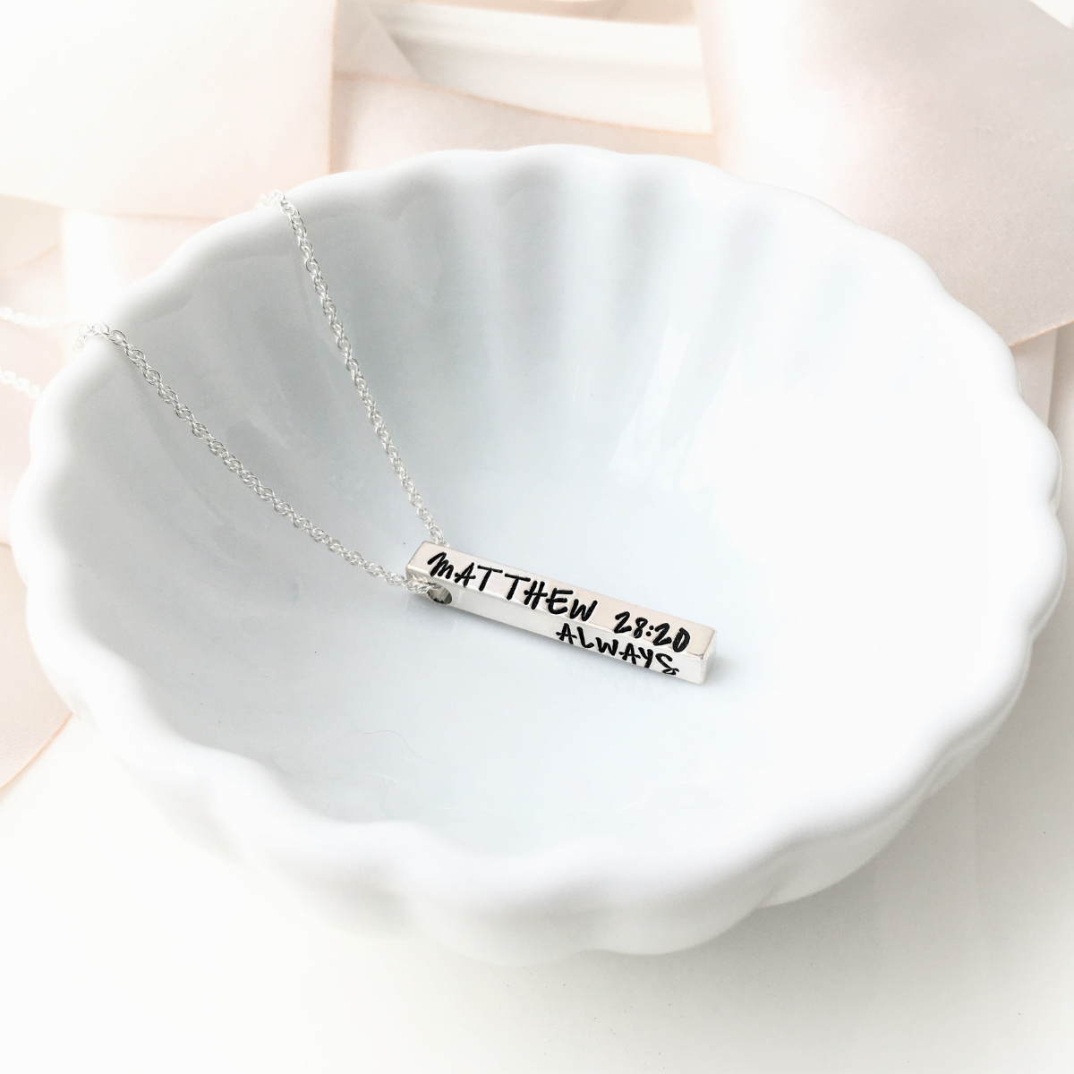Sterling Silver Engraved Pillar Pendant Necklace | Remember I Am With You Always | Matthew 28:20