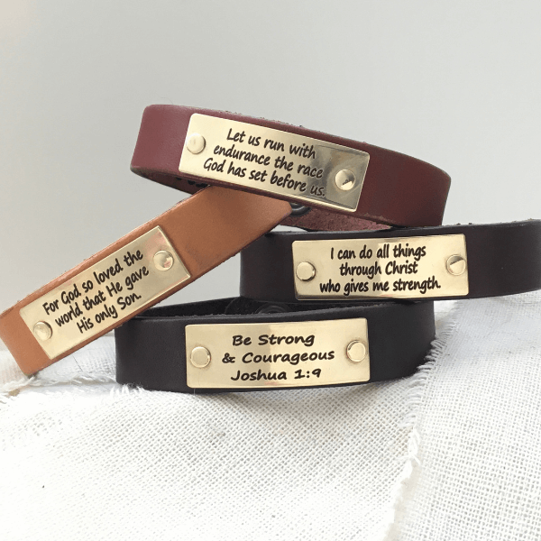 Genuine Leather Custom Engraved Men's Bracelets | Personalized Text 7 (Measured Snap to SNAP) / Natural Brown