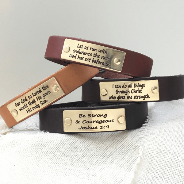 Genuine Leather Engraved Medallion Scripture Verse Bracelets