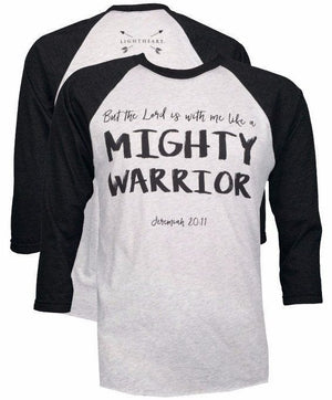 Southern Couture Christian T-Shirt | Mighty Warrior | Jeremiah 20:11 | Raglan 3/4 Sleeve