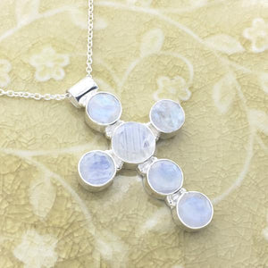 Rainbow Moonstone and Sterling Silver Cross Necklace