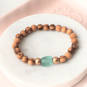 Holy Land Olive Wood Beaded Bracelet | Aqua Recycled Glass