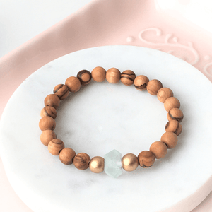 Holy Land Olive Wood Beaded Bracelet | Frosted Sky Recycled Glass