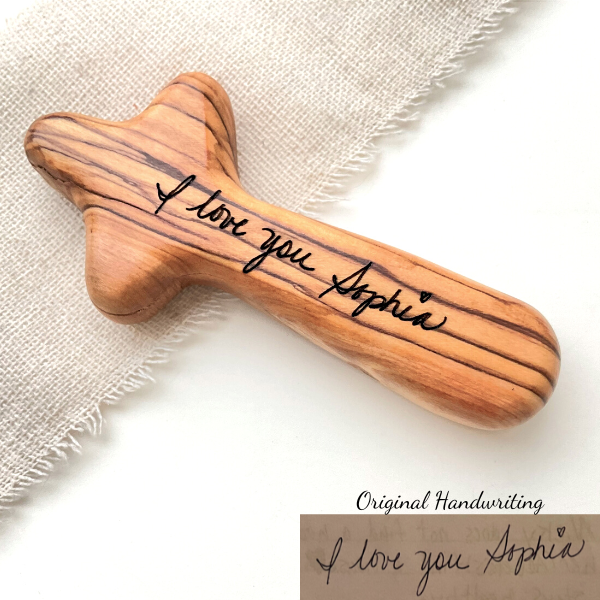 Custom Holy Land Olive Wood Cross  Engraved with Your Handwriting