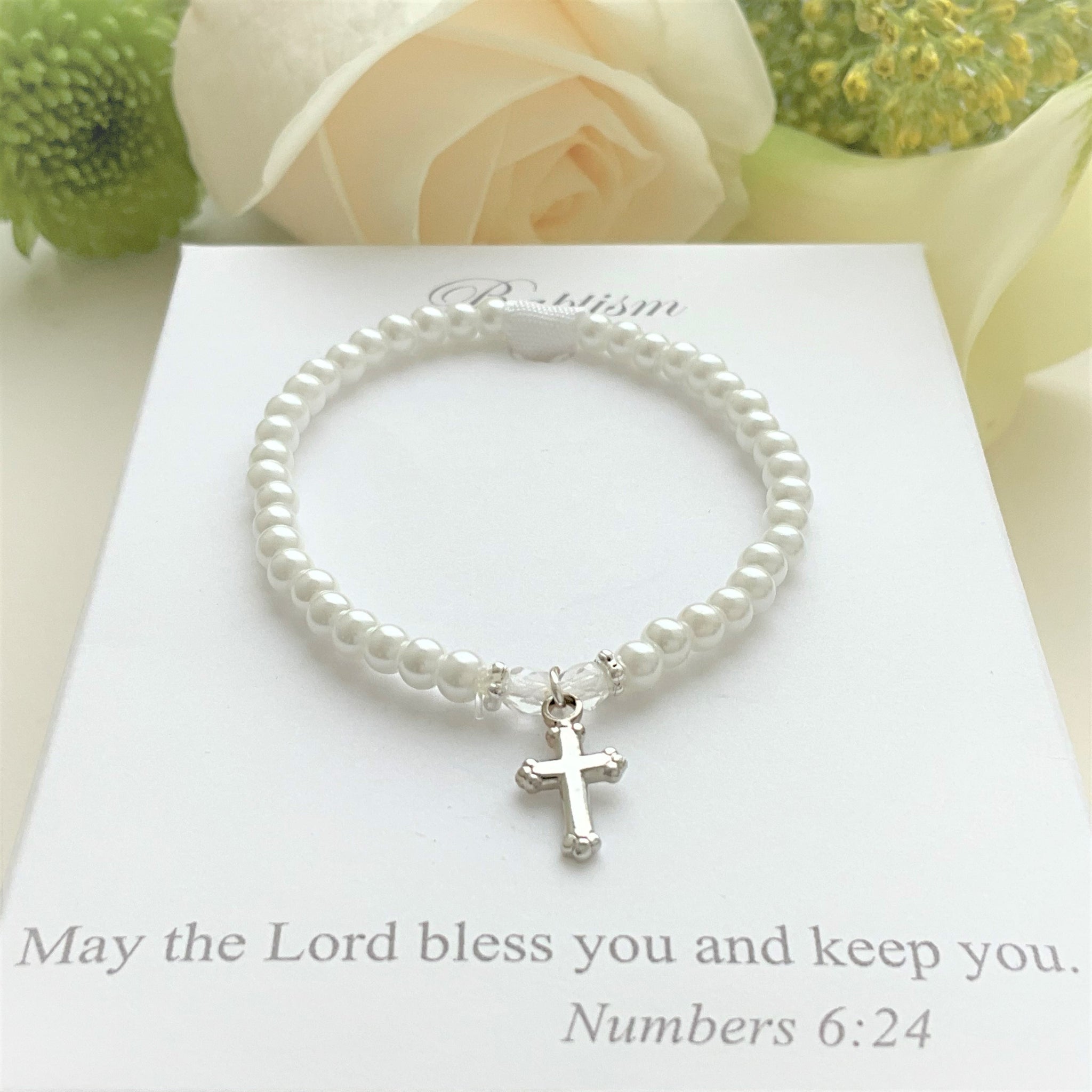 Crystal  Pearl Childrens Baptism Bracelet with Cross Charm  Clothed with  Truth