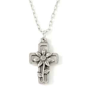 Fine Pewter Floral Cross Necklace