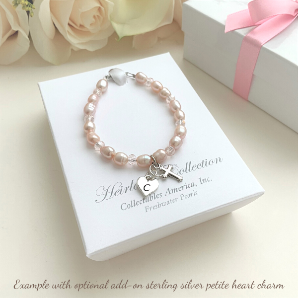 Pale Pink Freshwater Pearl and Swarovski Crystal Children's Bracelet with Cross Charm