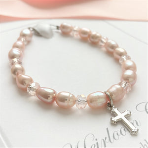 Pale Pink Freshwater Pearl and Swarovski Crystal Children's Bracelet with Cross Charm