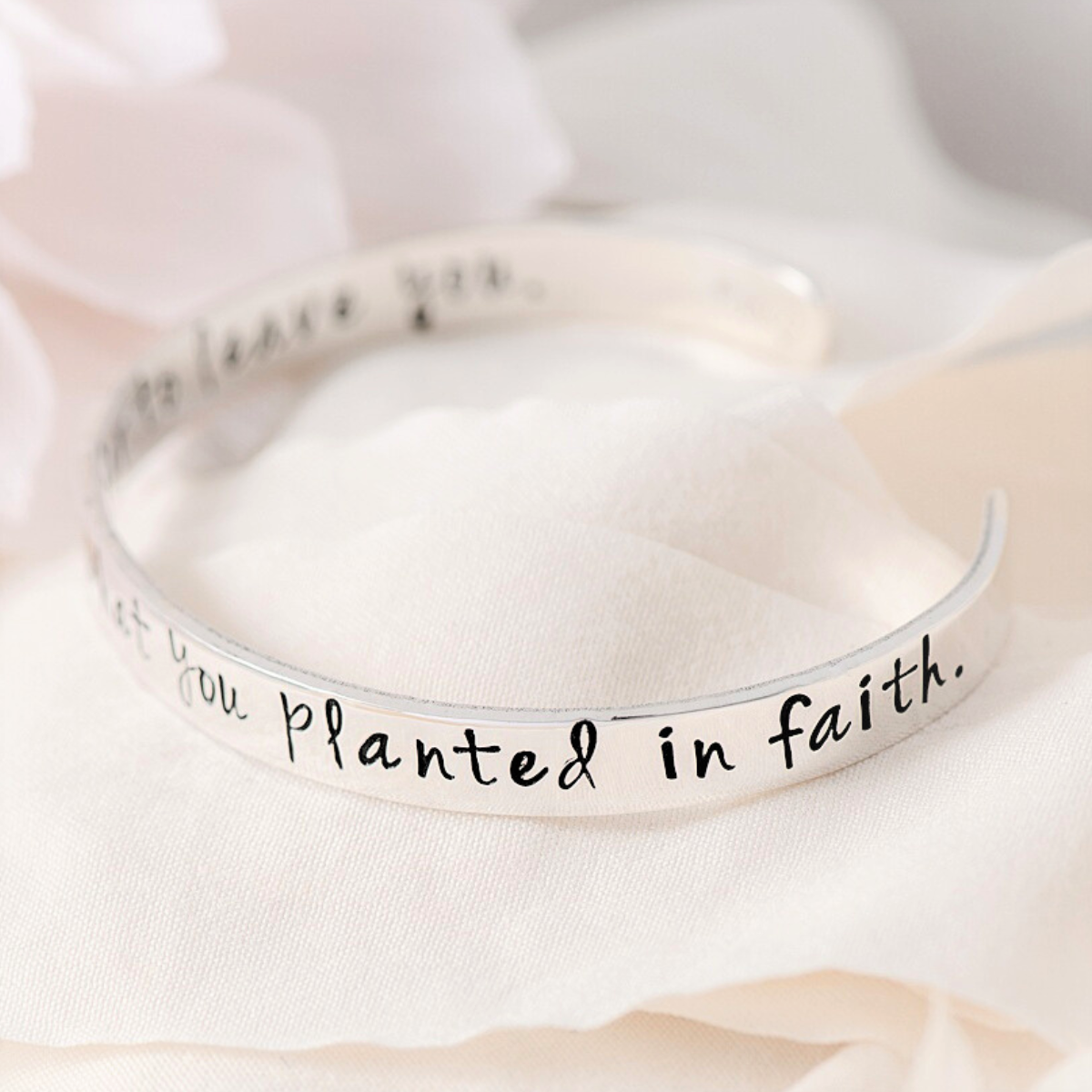 Planted in Faith Engraved Quote Cuff Bracelet | Sterling Silver or 14k Gold