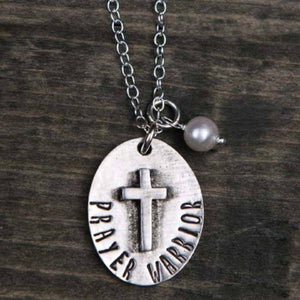 The Vintage Pearl Hand-Stamped Fine Pewter Necklace | Prayer Warrior