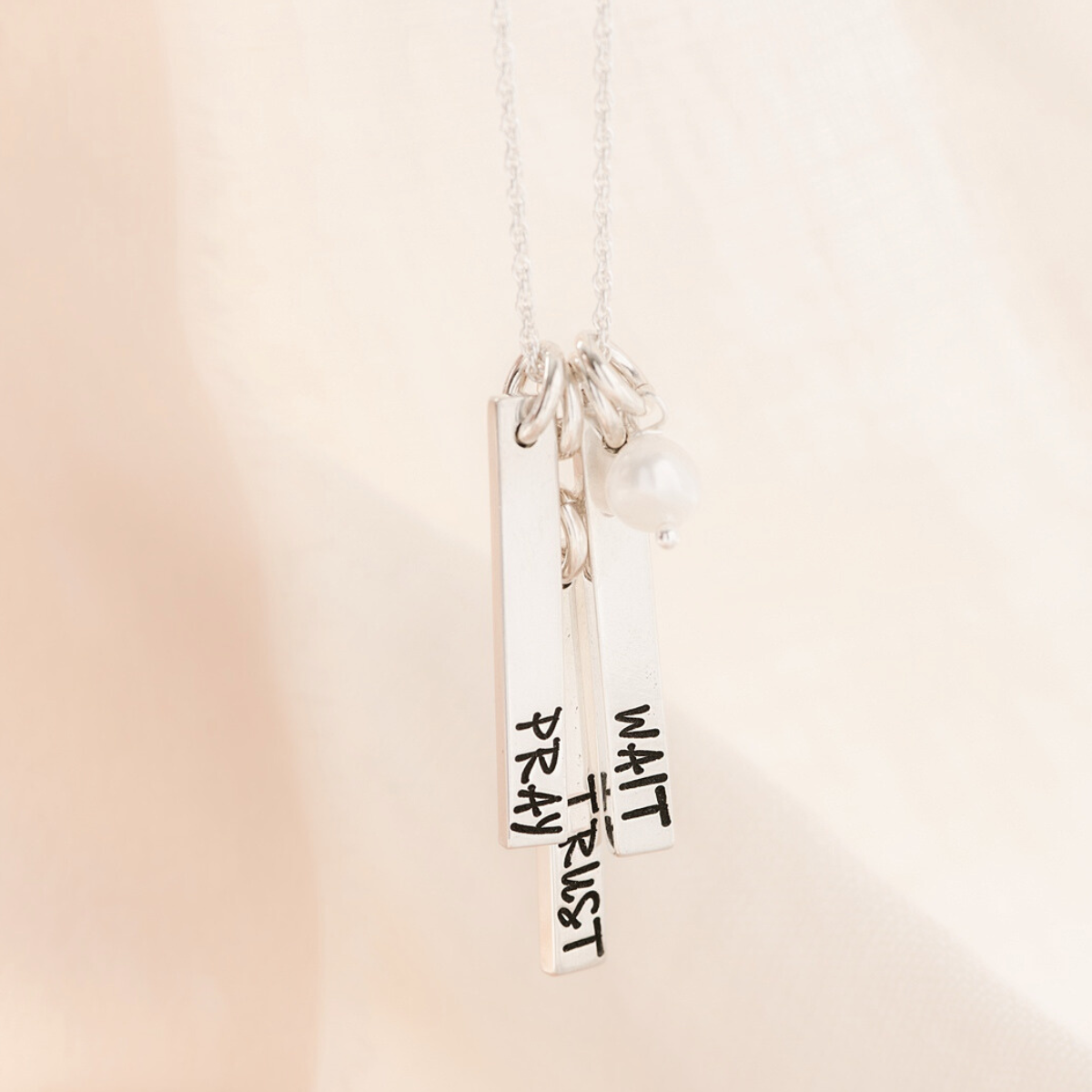 Sterling Silver Pray Trust Wait Vertical Bar Necklace