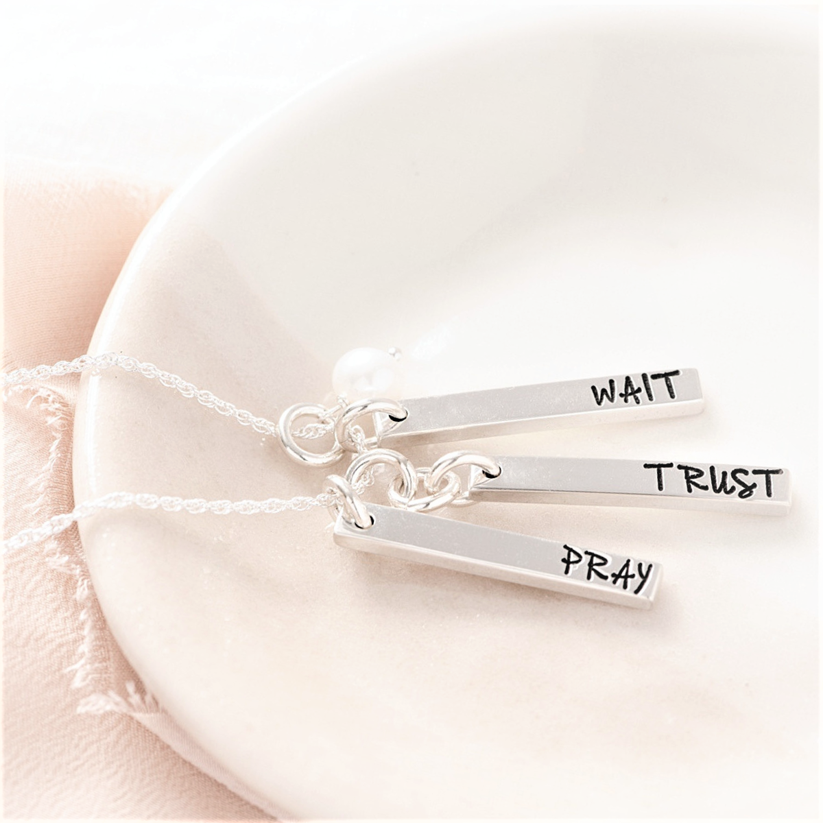 Sterling Silver Pray Trust Wait Vertical Bar Necklace