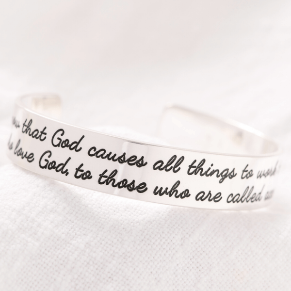 God Works All Things Together Engraved Cuff Bracelet | Romans 8:28 | Sterling Silver or 14k Gold