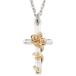 Sterling Silver & 14k Gold Cross & Rose Pendant Necklace
