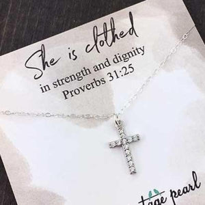 She is Clothed in Strength & Dignity Sterling Silver Cross Necklace | The Vintage Pearl